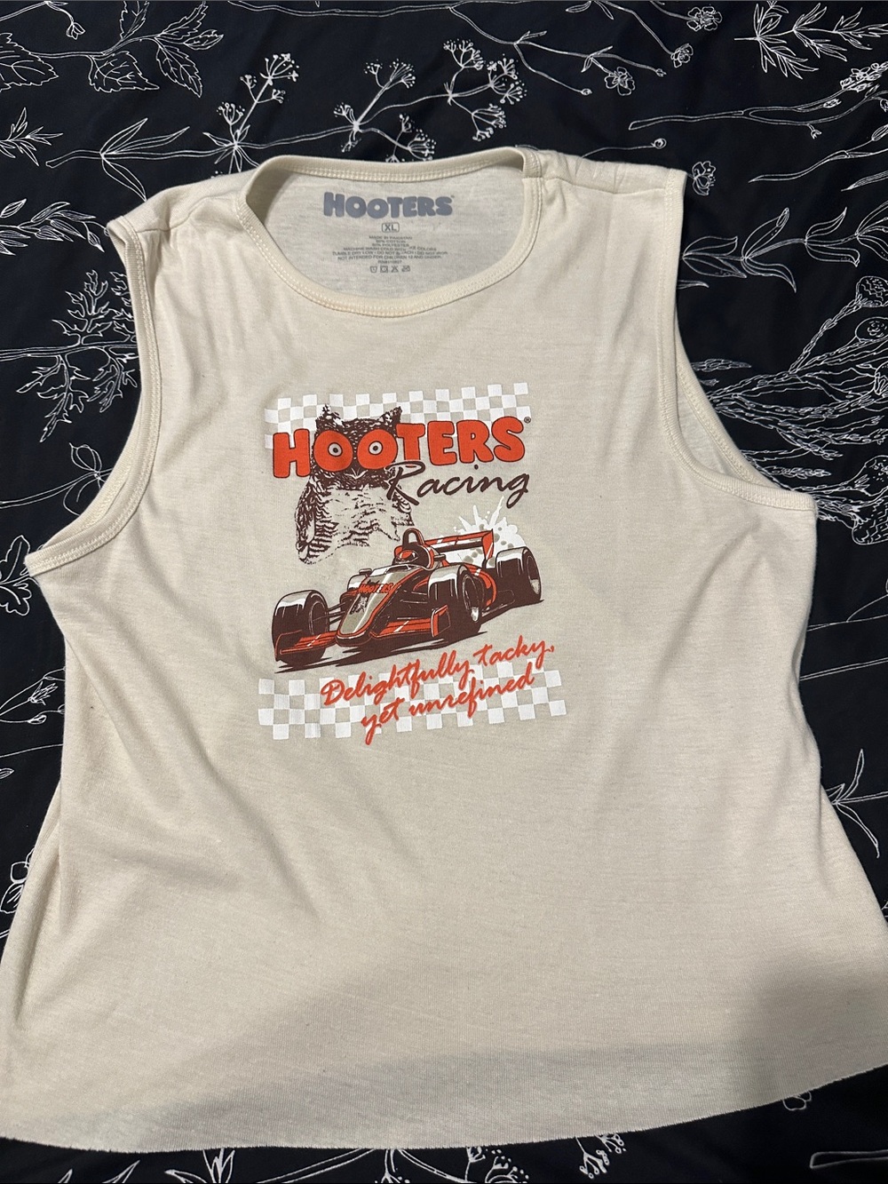 Hooters Racing Sleeveless Tank — Cream with Orange and Brown Graphic